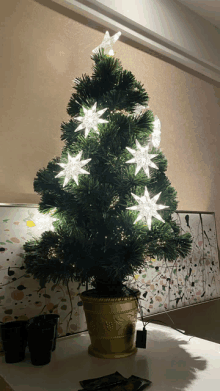 a small christmas tree with stars on it