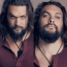 a man with a beard and long hair is wearing a necklace and a red shirt .