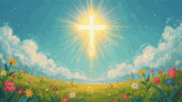 a cross in a field of flowers with the sun behind it