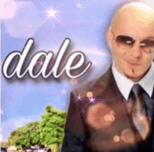 a bald man wearing sunglasses and a suit with the word dale above him
