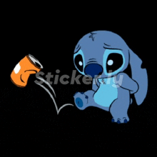 a sticker of stitch throwing a soda can