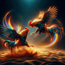 a painting of two roosters fighting each other