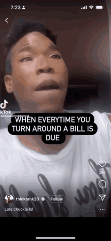 a screenshot of a tiktok video shows a man talking about when everytime you turn around a bill is due