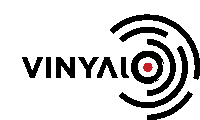 a black and white logo for vinylo with a red circle in the middle