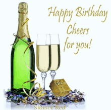 a birthday card with a bottle of champagne and two glasses of champagne says happy birthday cheers for you