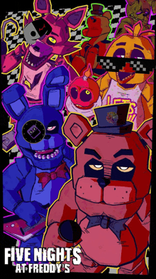 a poster for five nights at freddy 's shows a bunch of stuffed animals