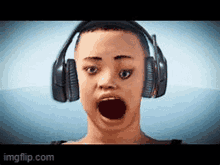 a person wearing headphones with a surprised look on their face .