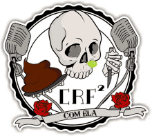 a sticker with a skull holding a knife and the words crf2 com bla on it