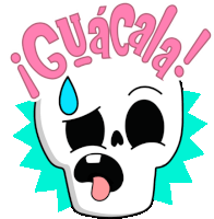 a cartoon drawing of a skull with guacala written in pink