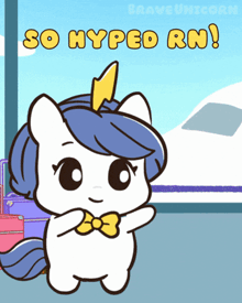a cartoon of a unicorn with the words so hyped rn on the bottom