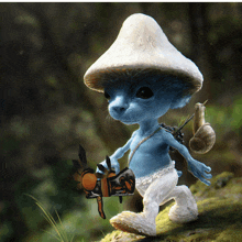 a smurf wearing a mushroom hat is holding a gun and a snail