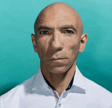 a bald man in a white shirt looks at the camera with a blue background