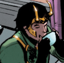 a cartoon of loki drinking a cup of coffee .