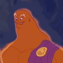 a close up of a cartoon character with a purple belt around his waist and a medallion on his chest .