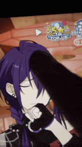 a purple haired anime character is being touched by a finger