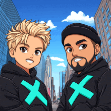 a cartoon drawing of two men wearing black hoodies with x 's on them