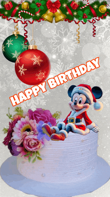 a happy birthday card with mickey mouse sitting on a cake