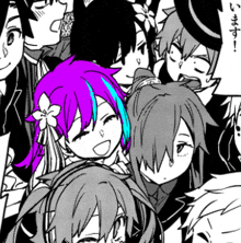 a black and white drawing of a group of anime characters including a girl with purple hair