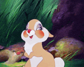 a cartoon rabbit is standing in the grass and looking up