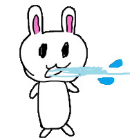 a drawing of a white rabbit with pink ears blowing water from its mouth