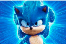 a close up of a blue sonic the hedgehog with lightning bolts coming out of his eyes .