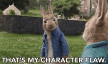 a rabbit in a blue jacket is standing next to another rabbit and says that 's my character flaw .