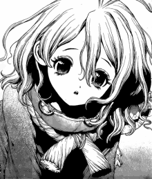 a black and white drawing of a girl wearing a scarf around her neck