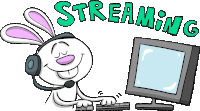 a cartoon rabbit wearing headphones and a microphone is streaming on a computer screen