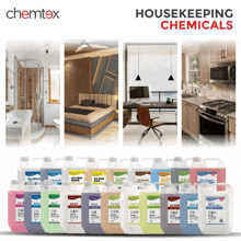 several bottles of chemtex housekeeping chemicals are lined up