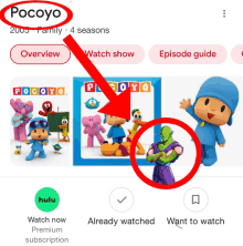 a screenshot of a pocoyo show on hulu with an arrow pointing to it