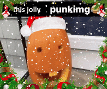 a picture of a pumpkin wearing a santa hat with the words this jolly punking above it