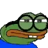 a green frog wearing glasses and a blue shirt is making a funny face .