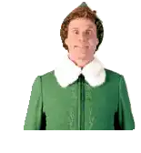 a man in a green elf costume with a white collar is making a face .