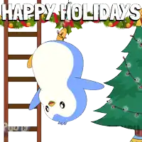 a penguin is hanging upside down from a ladder with the words happy holidays written above it