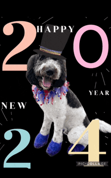 a dog wearing a top hat and blue slippers is sitting in front of a sign that says happy new year