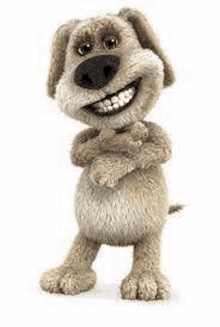 a stuffed dog with a big smile on his face is standing with his arms crossed .