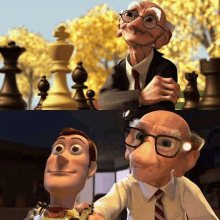 a toy story character is standing next to an older man with glasses