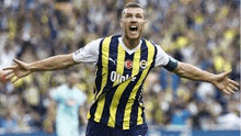 a man in a yellow and black striped soccer jersey is celebrating a goal on a soccer field .