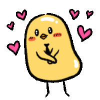 a cartoon drawing of a yellow chicken with hearts around it