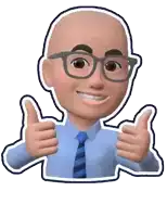 a cartoon man wearing glasses and a blue shirt is giving a thumbs up