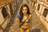 a woman in a bikini is holding a sword in a narrow street