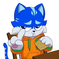 a blue and white cat is sitting at a table eating a cracker