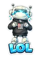 a sticker of a robot wearing a digi 995 sweatshirt
