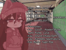 a drawing of a girl in a hallway with a list of her characteristics