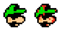 a pixel art of a person with a green hat and a red stripe on their face .