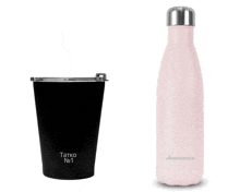 a black tumbler that says tatko on it next to a pink bottle