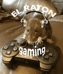 a rat wearing headphones is sitting on a sony game controller