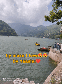 a picture of a lake with the words hy musu i love by yaashu on it