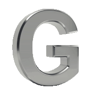 a silver letter g on a white background with a reflection