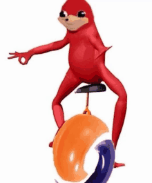 a red cartoon character is riding a ball on a unicycle and making an ok sign .